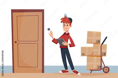 Delivery Man With Parcels At The Door Rings The Doorbell Fast Delivery Service To The Door By