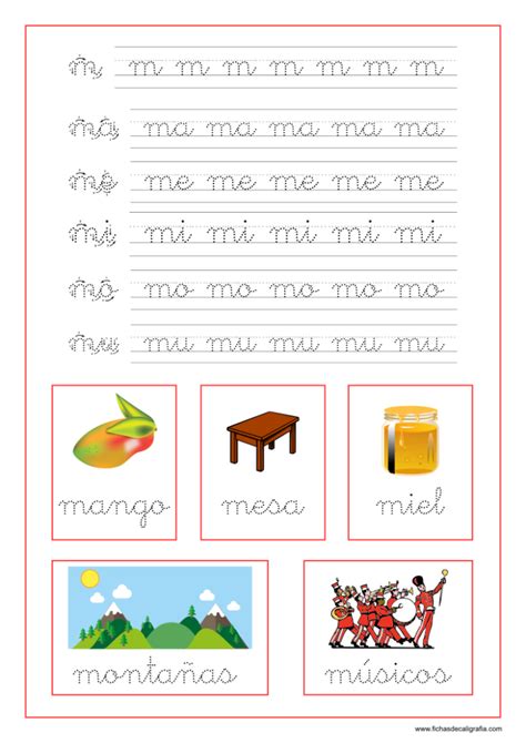 Ejercicio de caligrafía para preescolar y primaria con la letra M y las