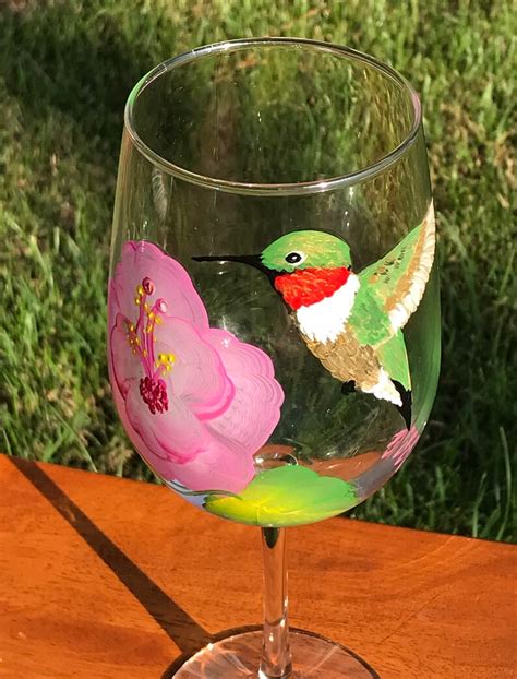 Hand Painted Wine Glass Hummingbird Flower Bird Wine Glass Etsy