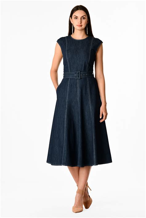 Shop Contrast Top Stitch Cotton Denim Midi Dress Eshakti