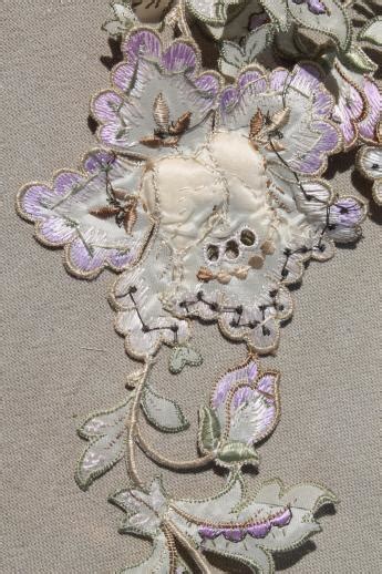 Exquisite Antique French Embroidered Silk Applique Floral Vine Border