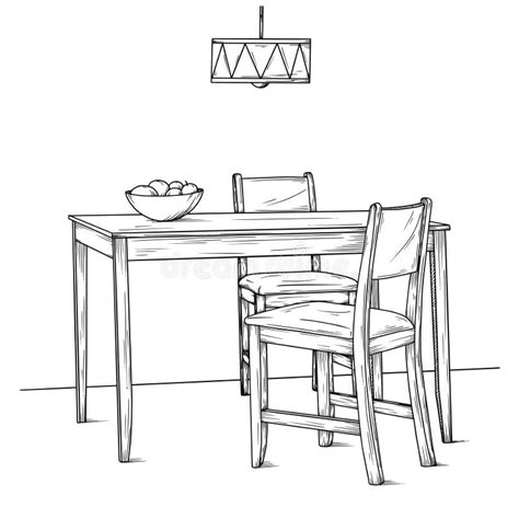 Part Of The Dining Room Table And Chairs Hand Drawn Sketch Vector