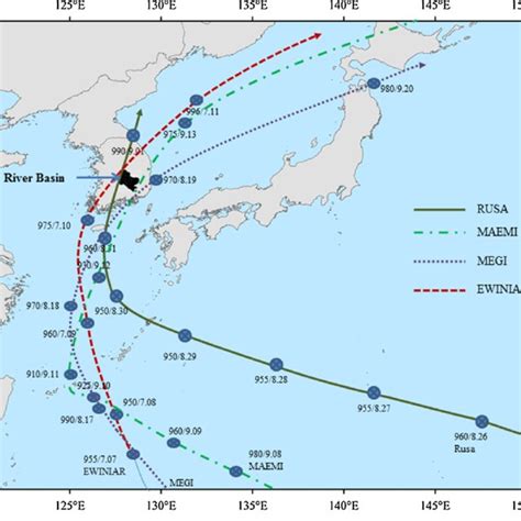 Typhoon Pathways Across Korea Rusa Maemi Megi And Ewiniar And The