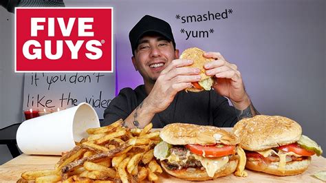 eating five guys burgers and cajun fries mukbang youtube