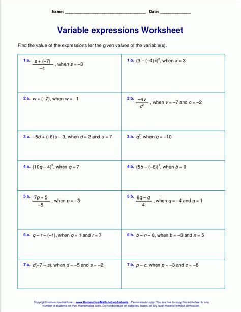 Free Printable Algebra Worksheets Grade 6 Free Printable