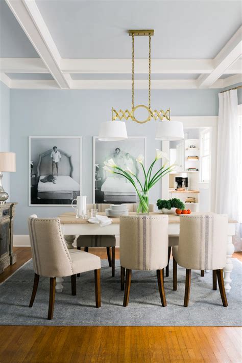 Light Blue Transitional Dining Room With Coffered Ceiling