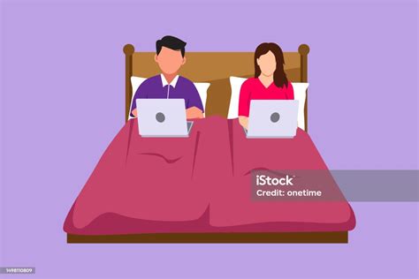 karakter datar menggambar pasangan sibuk di tempat tidur pria dan wanita dengan laptop surfing