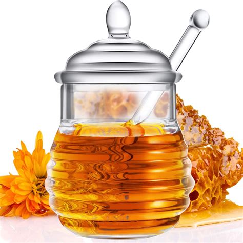 Honey Jar With Dipper And Lid Glass Beehive Honey Pot For Home Kitchen9 Ounceclear Walmart