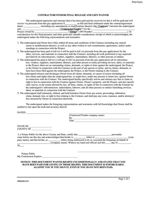 fillable contractorvendor final release  lien waiver form printable