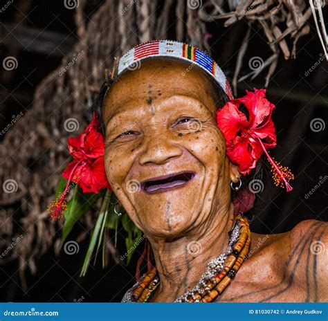 Portrait Of A Man Mentawai Tribe In Traditional Headdress Editorial