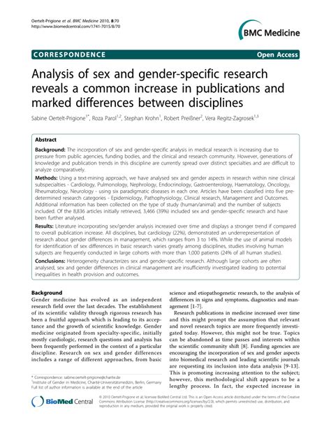 Pdf Analysis Of Sex And Gender Specific Research Reveals A Common Increase In Publications And