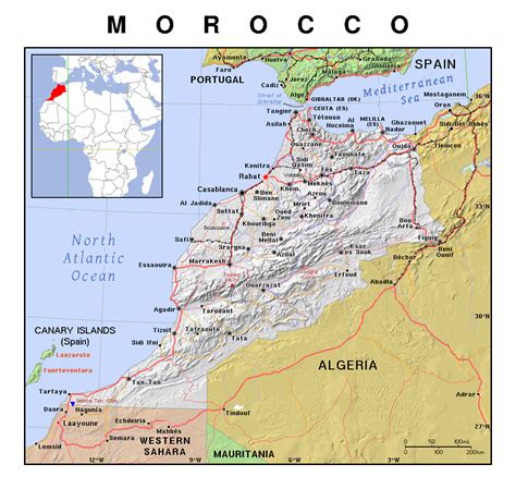 Detailed Political Map Of Morocco With Relief Morocco Africa