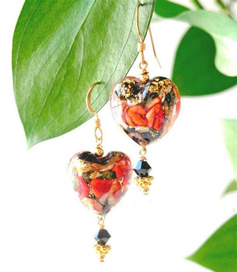 Red Glass Heart Earrings Floral Murano Hearts Birthday Etsy