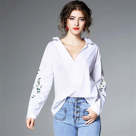 Buy White Floral Embroidery Blouse Women Shirt Tops Elegant V Neck Long Sleeve