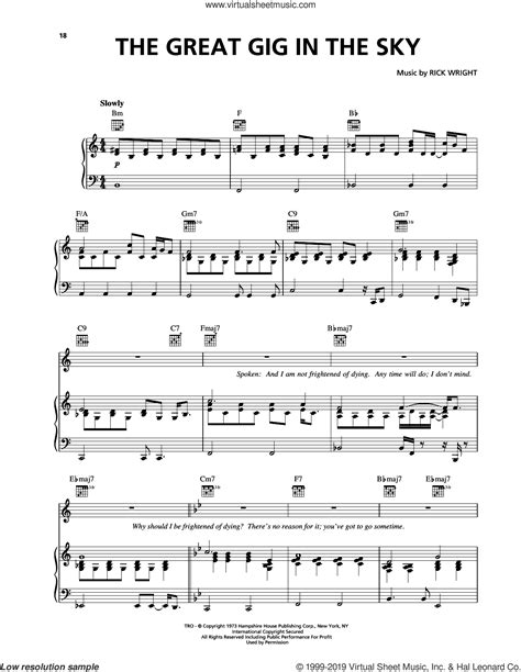 The Great Gig In The Sky Sheet Music For Voice Piano Or Guitar