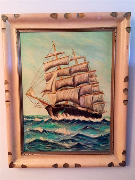 Vintage Sailing Ship Painting In Hand Carved Frame Etsy Ship