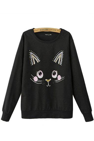 Black Round Neck Long Sleeves Cat Print Sweatshirt Printed