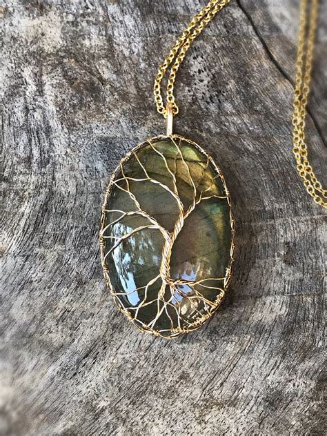 Tree Of Life Necklace - 14k Yellow Gold Filled - Oval Cut Labradorite - 