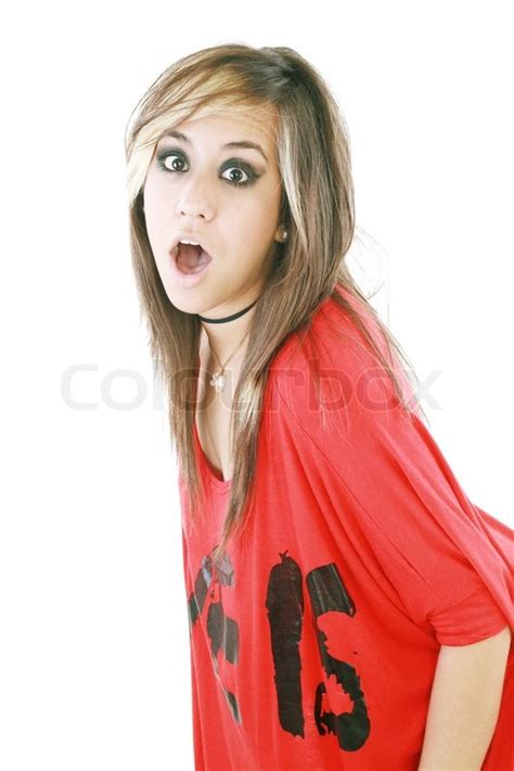 Shocked Trendy Teenage Girl Posing Mouth Open Stock