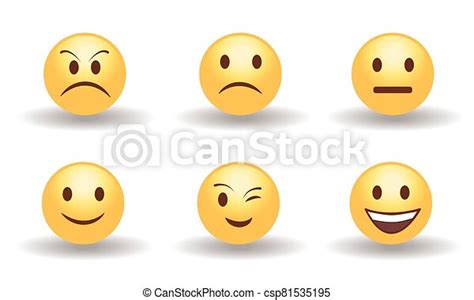 Set Of Six Yellow Cute Happy Smiling Sad Angry Suprised And Neutral