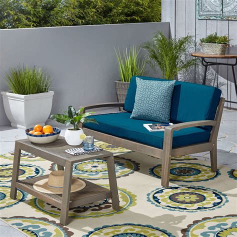 2pc Teal Blue And Gray Outdoor Patio Cushioned Loveseat And Coffee
