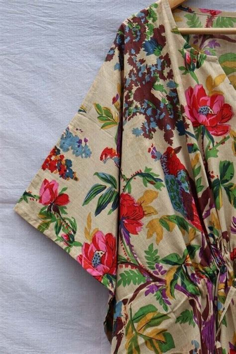 Indian Beige Long Bird Print Cotton Hippie Maxi Women Nightwear Caftan Dress Ebay