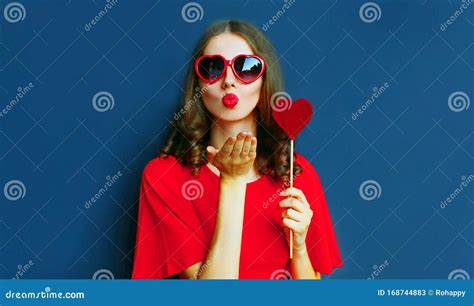 Portrait Beautiful Young Woman Blowing Red Lips Sending Sweet Air Kiss