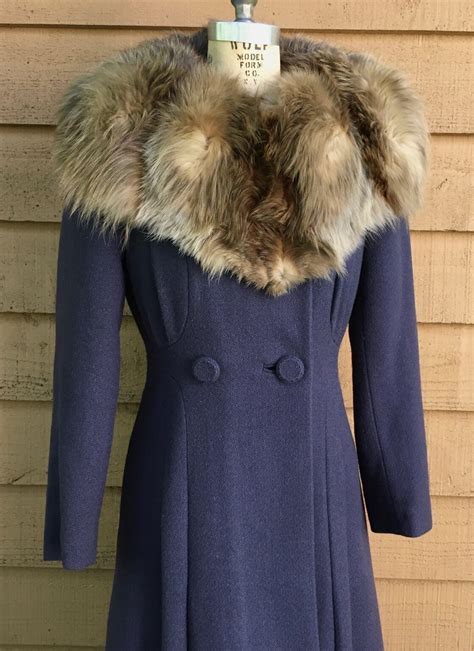 1930s 40s Dark Blue Wool Coat With A Massive Standup Fur Collar Hemlock Vintage Clothing