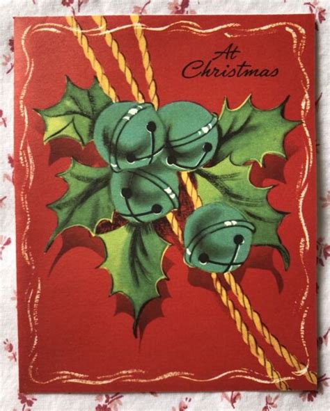 vintage 1940s unused red christmas greeting card holiday jingle bells and holly ebay