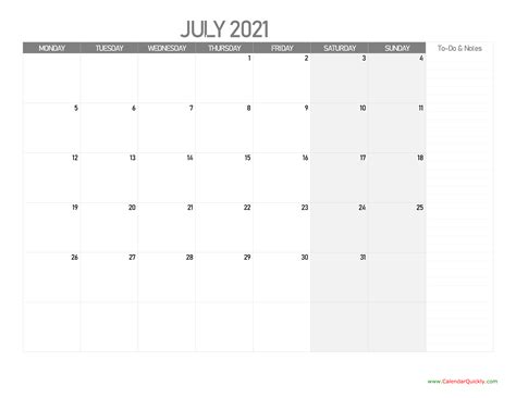 July Monday Calendar 2021 With Notes Calendar Quickly
