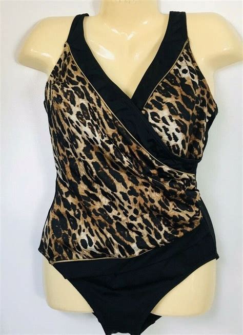 Longitude Women Black And Leopard Print One Piece Swimsuit Size 12