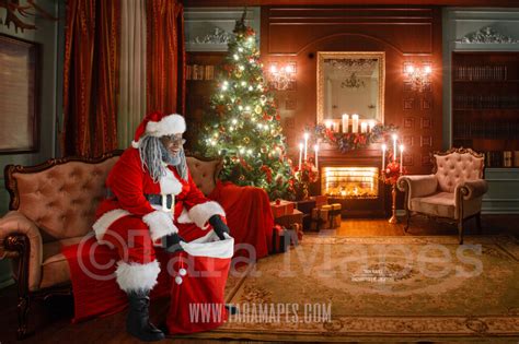Black Santa In Vintage Room Black Santa With T Bag Black Santa On Couch Near Fireplace