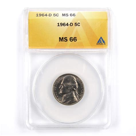 1964 D Jefferson Nickel 5 Cent Piece Ms 66 Anacs 5c Uncirculated Skuc