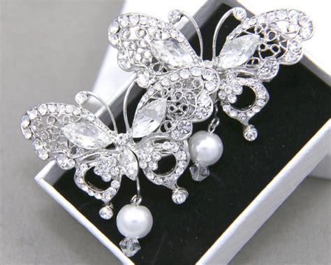 Butterfly Rhinestone Crystals Wedding Bridal Hair Clips White