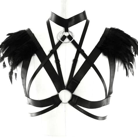 Black Feather Epaulettes Top Cage Bralette Shoulder Wings Goth Fetish Exotic Wear Burning Man