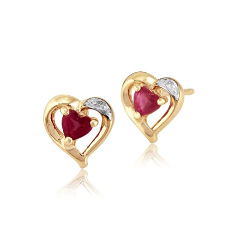 Ct Yellow Gold Ct Natural Ruby Diamond Heart Stud Earrings Ebay