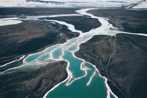 Premium Photo Iceland Aerial River With Winding Banks And Bright