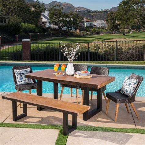 Dallas Outdoor 6 Piece Wicker Dining Set With Concrete Table And Bench Antique Teak Black