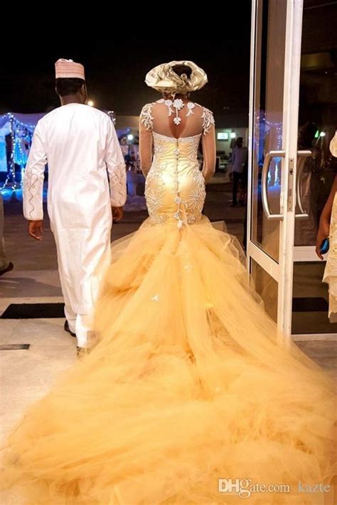 African Traditional Wedding Dresses Nigeria Gold Wedding Gowns 2018 Crystal Beads Sheer Tulle