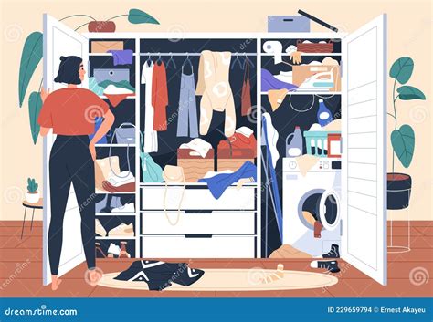 Woman In Front Of Messy Untidy Wardrobe Mess And Chaos In Open Closet