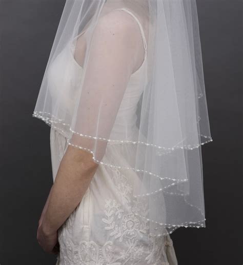 Beaded Wedding Veil Pearl Bridal Veil Ivory Veil Elbow Length Etsy
