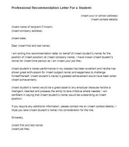 recommendation letter   student  letter templates