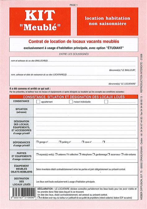 Bail de location pour logement meublé et non meublé (vide), états des lieux, annexes obligatoires, notice d'information, le tout gratuitement. Contrat de location "meublé non saisonnier" - Weber