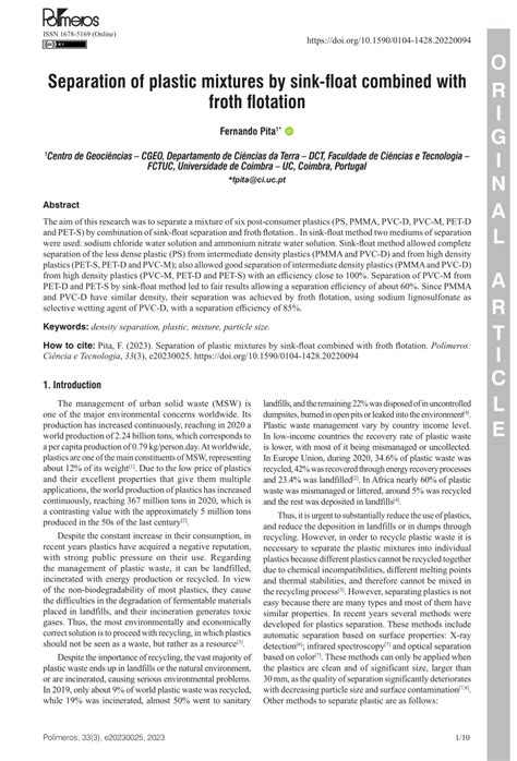 Pdf Separation Of Plastic Mixtures By Sink Float Combined With Froth