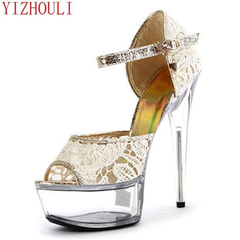 15cm New Sexy High Heel Sandals Platform Glitter Lace Wedding Shoes