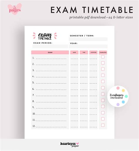 Exam Timetable Printable Planner Exam Schedule Exam Planner School