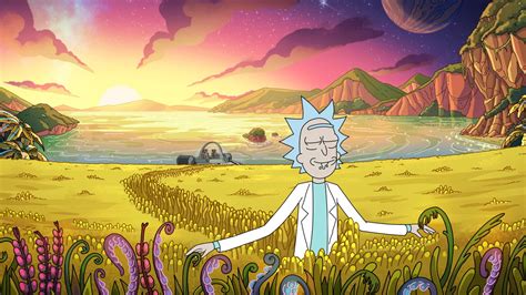 Tv Show Rick And Morty Rick Sanchez Near Plants With Sunrise Background