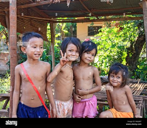 Siem Reap Cambodia Young Children In A Small Rural Village