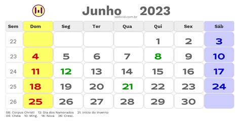 Calendário De Junho De 2023 Com Feriados Nacionais Fases Da Lua E Datas