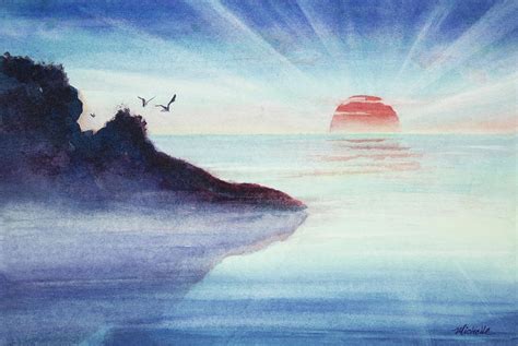 Distant Shoreline Sunrise Watercolor Painting Painting By Michelle
